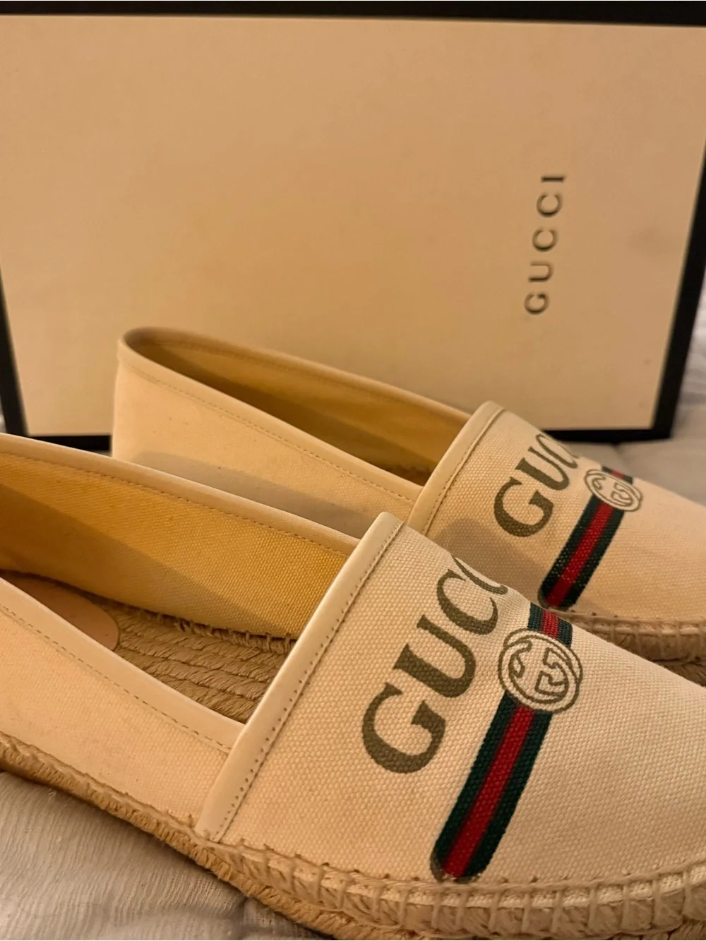 Gucci Beige Canvas Logo Espadrilles with Red-Green Web Stripe
